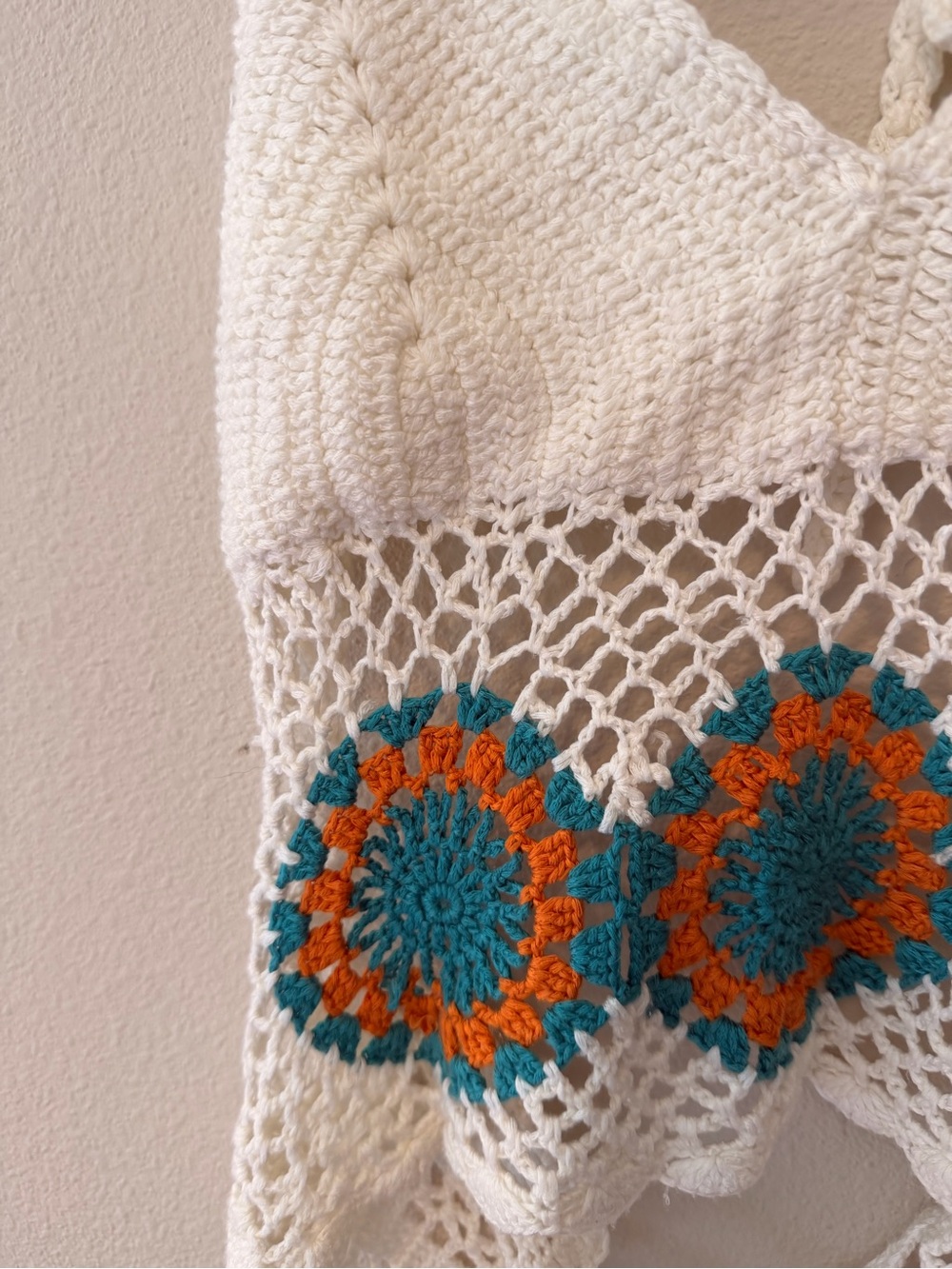 La Hearts Crochet Knit Tank Top in Cream with Teal and Orange Accents